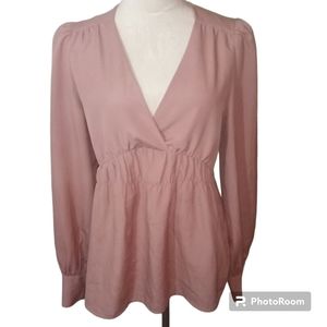 Stile Benetton Vintage Woman's Mauve V Neck Puff Shoulder Blouse Size M